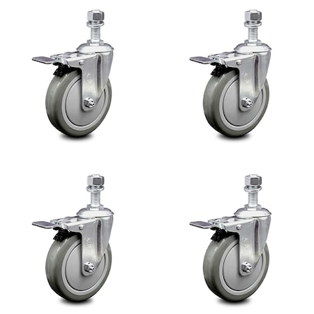 Service Caster 5 Inch Gray Polyurethane Swivel 12mm Stem Caster Set with Total Lock Brake SCC-TSTTL20S514-PPUB-M1215-4